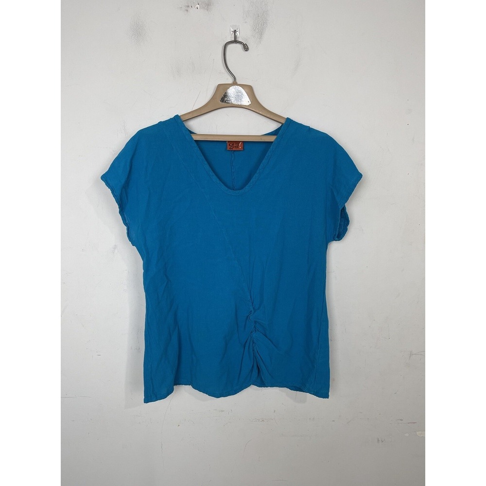 Oh My Gauze Womens Shirt 1 Small Lagenlook Beachy Ruched 100% Cotton Blouse Blue